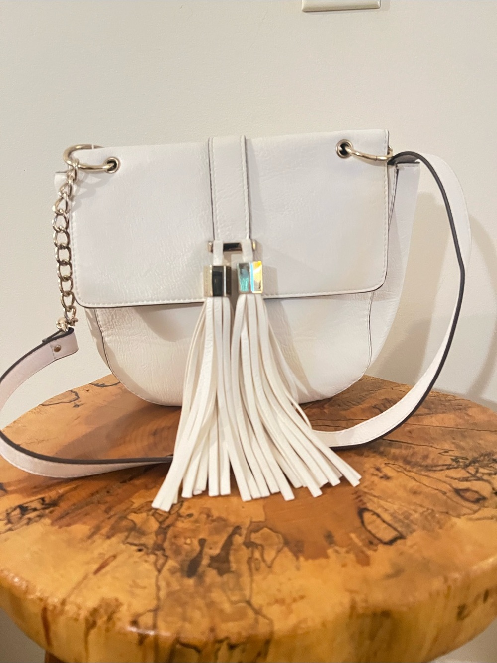 Dolce Vita White Tassel Crossbody Shoulder Bag with Chain Accent